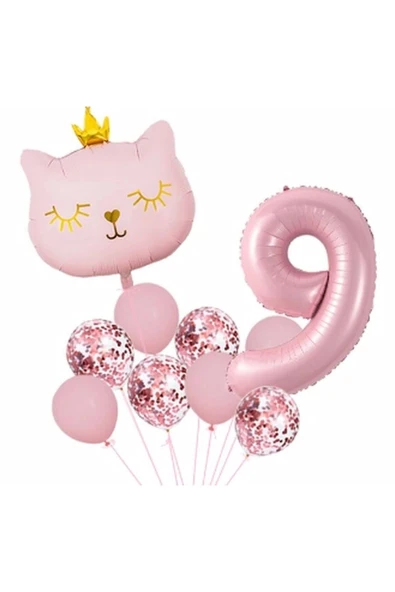 Pembe Kedi 9 Yaş Balon Set Balon Folyo Set Pembe Kedi Konsept Doğum Günü Set Yaş Balon Set ürün görseli 1