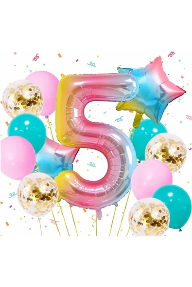 Gökkuşağı Rengarenk 5 Yaş Balon Set Yıldız Balon Folyo Set Konsept Doğum Günü Set Yaş Balon Set ürün görseli 1