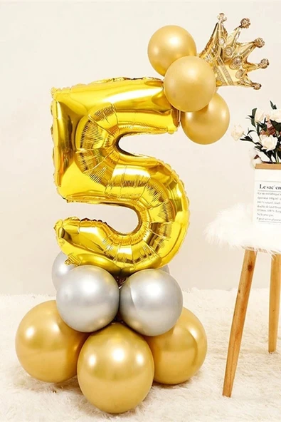 Gold Renk 5 Yaş Krom Gold Gümüş Renkler Altın Taçlı Balon Seti ürün görseli 1