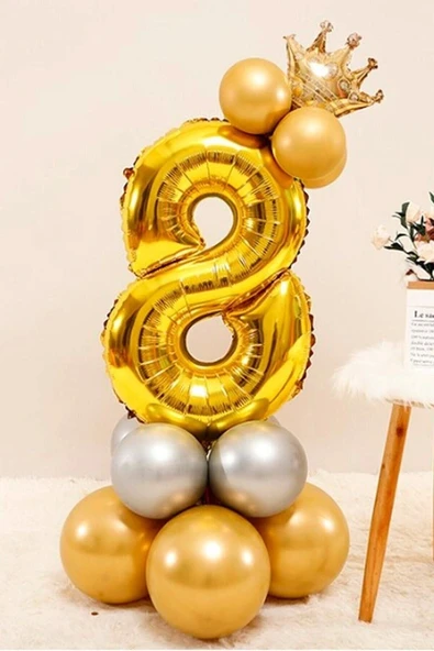 Gold Renk 8 Yaş Krom Gold Gümüş Renkler Altın Taçlı Balon Seti ürün görseli 1