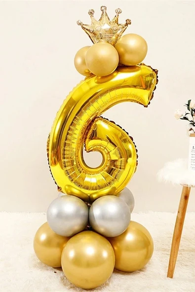 Gold Renk 6 Yaş Krom Gold Gümüş Renkler Altın Taçlı Balon Seti ürün görseli 1