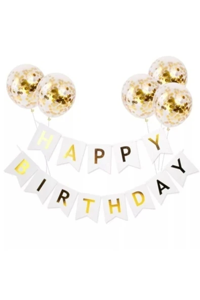 Happy Bırthday Beyaz Varaklı Banner Yazı Konfetili Şeffaf Balon Seti ürün görseli 1