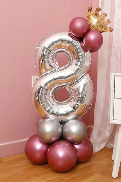 Rakam Balon Karşılama Seti 8 Yaş Parlak Rose Gold Gümüş Renkler Altın Taçlı 8 Rakamlı Balon ürün görseli 1