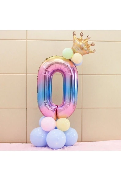 Unicorn Tema Rakam Balon Karşılama Seti 0 Yaş Gökkuşağı Renkleri Altın Taçlı 0 Rakam Balon ürün görseli 1