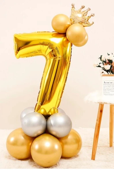 Rakam Balon Karşılama Seti 7 Yaş Rakam Balon Altın Kral Taçlı 7 Rakamlı Balon ürün görseli 1