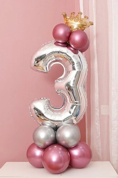 3 Yaş Krom Pembe-gümüş Renkler Altın Taçlı Balon Seti ürün görseli 1