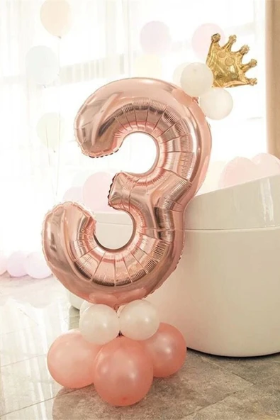 Rakam Balon Karşılama Seti 3 Yaş Rose Gold Rakam Balon Altın Kral Taçlı 3 Rakamlı Balon ürün görseli 1
