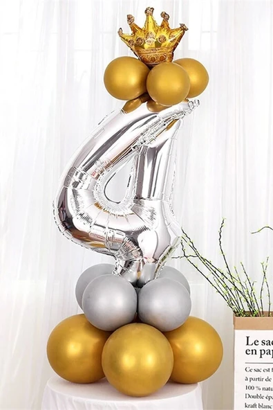 Gümüş Renk 4 Yaş Krom Gold-gümüş Renkler Altın Taçlı Balon Seti ürün görseli 1