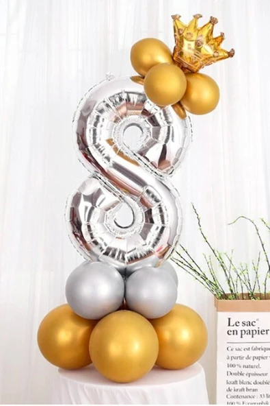 Gümüş Renk 8 Yaş Krom Gold-gümüş Renkler Altın Taçlı Balon Seti ürün görseli 1