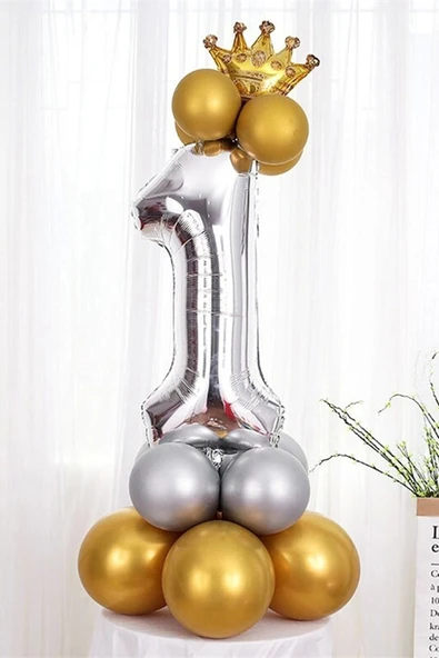 Gümüş Renk 1 Yaş Krom Gold-gümüş Renkler Altın Taçlı Balon Seti ürün görseli 1