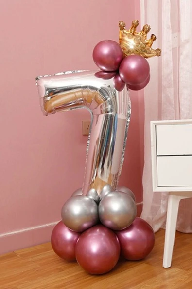 Rakam Balon Karşılama Seti 7 Yaş Parlak Rose Gold Gümüş Renkler Altın Taçlı 7 Rakamlı Balon ürün görseli 1