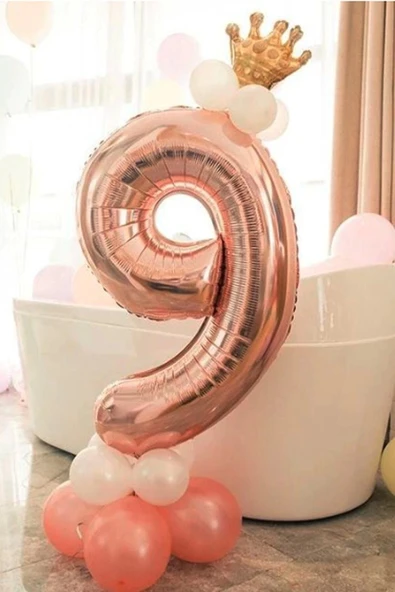 Rakam Balon Karşılama Seti 9 Yaş Rose Gold Rakam Balon Altın Kral Taçlı 9 Rakamlı Balon ürün görseli 1
