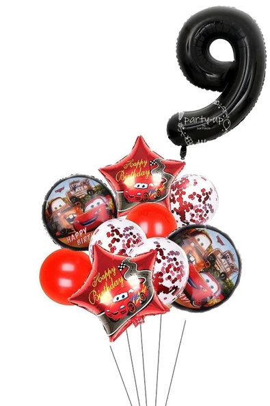 9 Yaş Siyah Rakam Balonlu Şimşek Mcqueen Balon Seti Arabalar Konfetili Şeffaf Balon ürün görseli 1