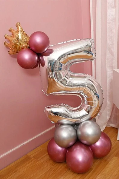 Rakam Balon Karşılama Seti 5 Yaş Parlak Rose Gold Gümüş Renkler Altın Taçlı 5 Rakamlı Balon ürün görseli 1