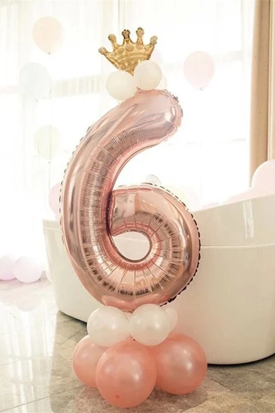 Rakam Balon Karşılama Seti 6 Yaş Rose Gold Rakam Balon Altın Kral Taçlı 6 Rakamlı Balon ürün görseli 1