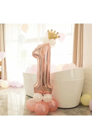 1 Yaş Rose Rakam Ve Kral Tacı Folyo Balon Doğum Günü ürün görseli 1