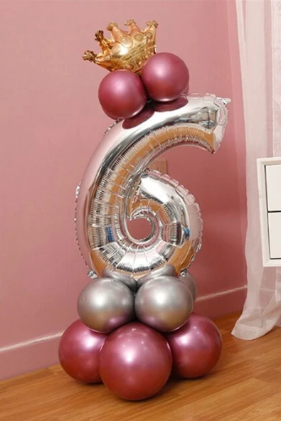 Rakam Balon Karşılama Seti 6 Yaş Parlak Rose Gold Gümüş Renkler Altın Taçlı 6 Rakamlı Balon ürün görseli 1