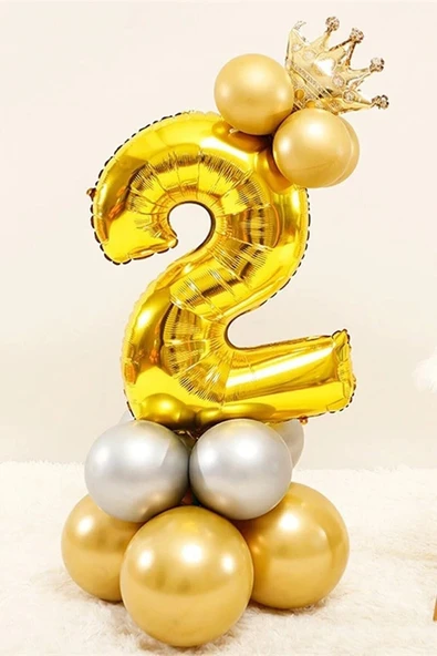 Gold Renk 2 Yaş Krom Gold Gümüş Renkler Altın Taçlı Balon Seti ürün görseli 1