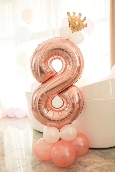 Rakam Balon Karşılama Seti 8 Yaş Rose Gold Rakam Balon Altın Kral Taçlı 8 Rakamlı Balon ürün görseli 1