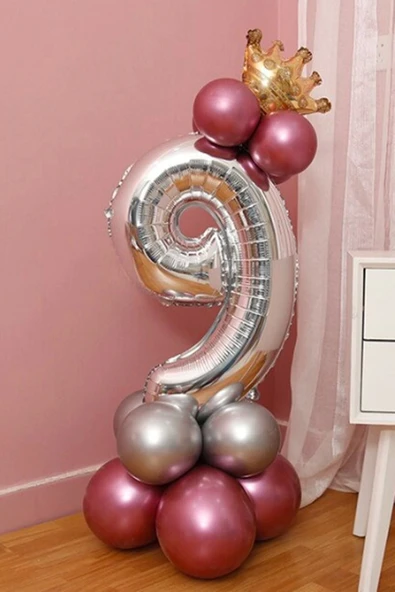 Rakam Balon Karşılama Seti 9 Yaş Parlak Rose Gold Gümüş Renkler Altın Taçlı 9 Rakamlı Balon ürün görseli 1