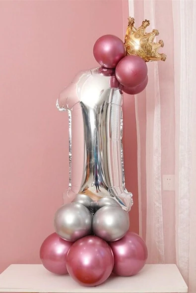 1 Yaş Krom Pembe Gümüş Renkler Altın Taçlı Balon Seti ürün görseli 1