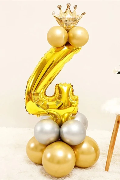 Rakam Balon Karşılama Seti 4 Yaş Rakam Balon Altın Kral Taçlı 4 Rakamlı Balon ürün görseli 1