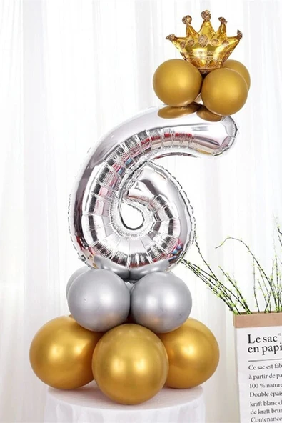 Gümüş Renk 6 Yaş Krom Gold-gümüş Renkler Altın Taçlı Balon Seti ürün görseli 1