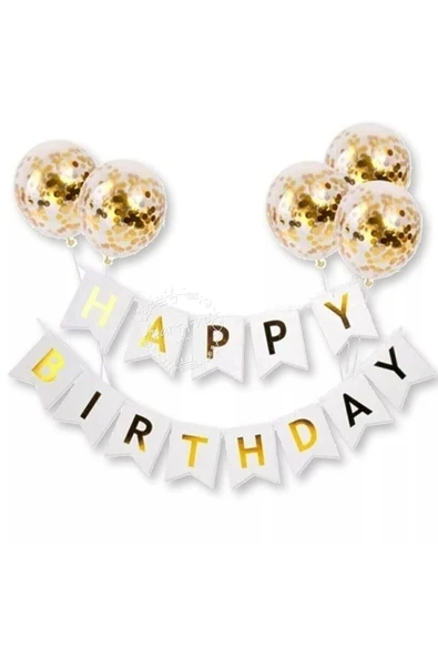 Happy Bırthday Banner Yazı Ve Konfetili Şeffaf Balon Seti ürün görseli 1