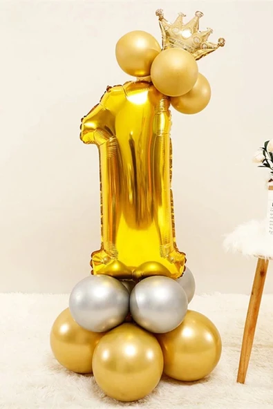 Rakam Balon Karşılama Seti 1 Yaş Rakam Balon Altın Kral Taçlı 1 Rakamlı Balon ürün görseli 1