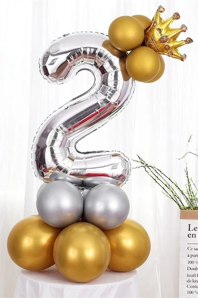 Gümüş Renk 2 Yaş Krom Gold-gümüş Renkler Altın Taçlı Balon Seti ürün görseli 1