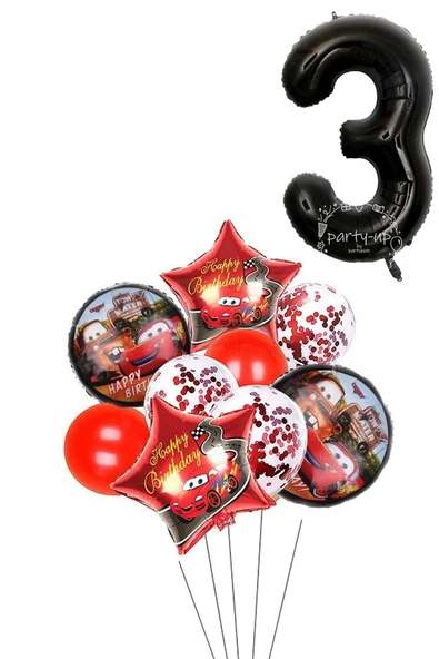 3 Yaş Siyah Rakam Balonlu Şimşek Mcqueen Balon Seti Arabalar (cars) Konfetili Şeffaf Balon ürün görseli 1