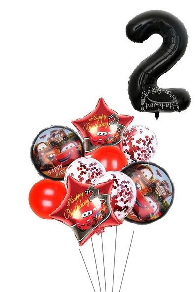 2 Yaş Siyah Rakam Balonlu Şimşek Mcqueen Balon Seti Arabalar (cars) Konfetili Şeffaf Balon ürün görseli 1