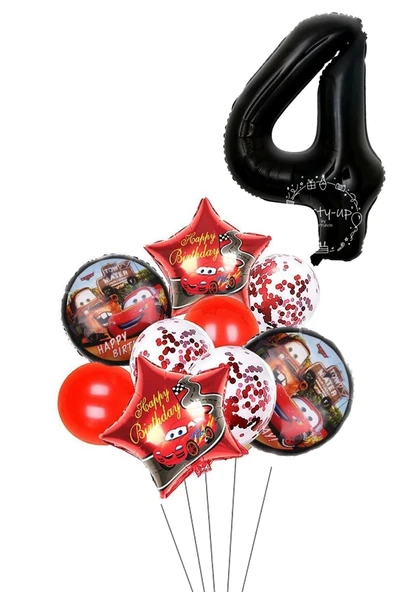 4 Yaş Siyah Rakam Balonlu Şimşek Mcqueen Balon Seti Arabalar (cars) Konfetili Şeffaf Balon ürün görseli 1