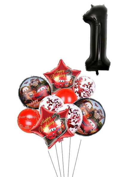 1 Yaş Siyah Rakam Balonlu Şimşek Mcqueen Balon Seti Arabalar ürün görseli 1