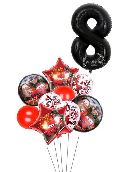 8 Yaş Siyah Rakam Balonlu Şimşek Mcqueen Balon Seti Arabalar (cars) Konfetili Şeffaf Balon ürün görseli 1