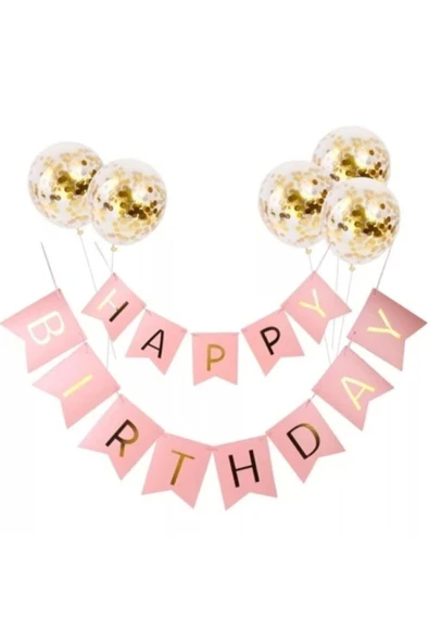 Happy Bırthday Pembe Varaklı Banner Yazı Konfetili Şeffaf Balon Seti ürün görseli 1
