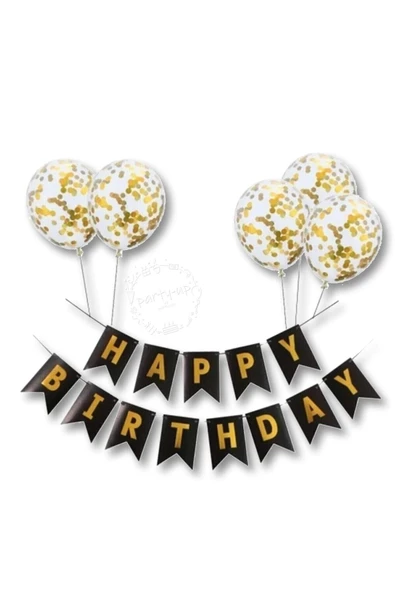 Happy Bırthday Banner Yazı Ve Konfetili Şeffaf Balon Seti ürün görseli 1