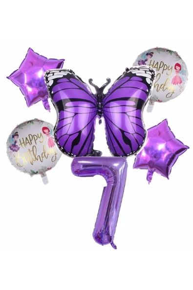 Mor Kelebek Mor Renk 7 Yaş Rakam Balon Set Doğum Günü Parti Mor Renk Helyum Balon Mor Rakam Balon ürün görseli 1
