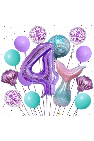 Mor Renk Deniz Kızı Konsept 4 Yaş Rakam Balon Set Deniz Kızı Temalı Doğum Günü Parti Seti ürün görseli 1