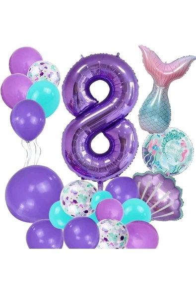 Mor Rakam Balon 8 Yaş Deniz Kızı Temalı Doğum Günü Parti Kutlama Seti Konsept 1 ürün görseli 1