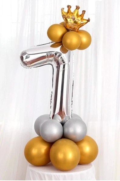 Gümüş Renk 7 Yaş Krom Gold-gümüş Renkler Altın Taçlı Balon Seti ürün görseli 1