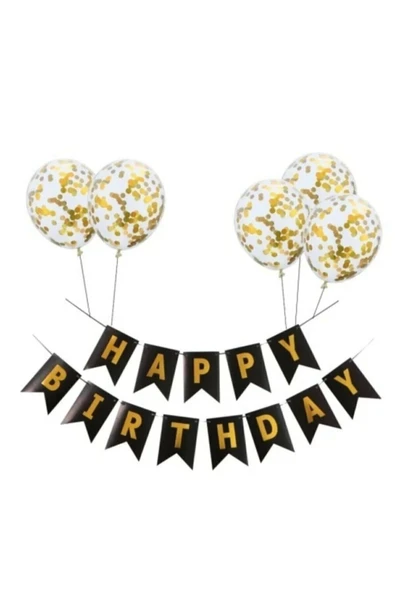 Happy Bırthday Siyah Varaklı Banner Yazı Konfetili Şeffaf Balon Seti Parti Seti ürün görseli 1