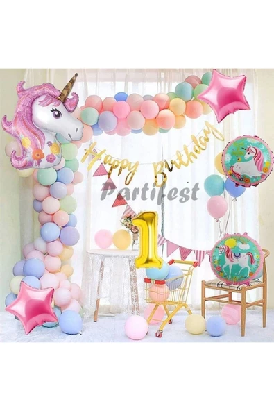 Unicorn Konsept 1 Yaş Balon Doğum Günü Set Tek Boynuzlu At Unicorn Yaş Balon Set ürün görseli 1