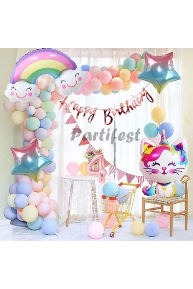 Unicorn Kedi Kitty Rakam Konsept 4 Yaş Balon Doğum Günü Set Yaş Balon Set ürün görseli 1