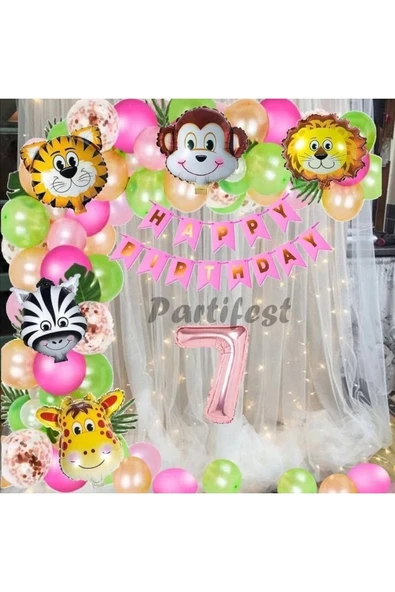 Kız Çocuk Safari Hayvanlar 7 Yaş Balon Set Pembe Safari Helyum Balon Set Safari Doğum Günü Set ürün görseli 1