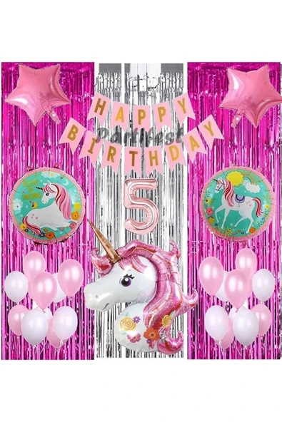 Pembe Unicorn Konsept 5 Yaş Balon Set Gökkuşağı Unicorn Doğum Günü Yaş Balon Set ürün görseli 1