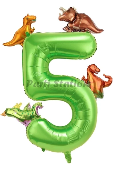 Dinozor Konsept Yeşil Rakam 5 Yaş Balon Yeşil Renk Dinazor Yaş Balon Uçan Helyum Sayı Balon ürün görseli 1