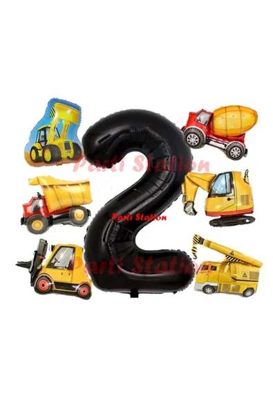 İnşaat Araçları Konsept Doğum Günü 2 Yaş Balon Set Mini Boy Kepçe Dozer Mikser Kamyon Forklift Balon ürün görseli 1
