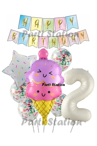 İce Cream Dondurma Konsept Doğum Günü 2 Yaş Balon Set Yaz Tema Sevimli Dondurma Folyo Balon Set ürün görseli 1