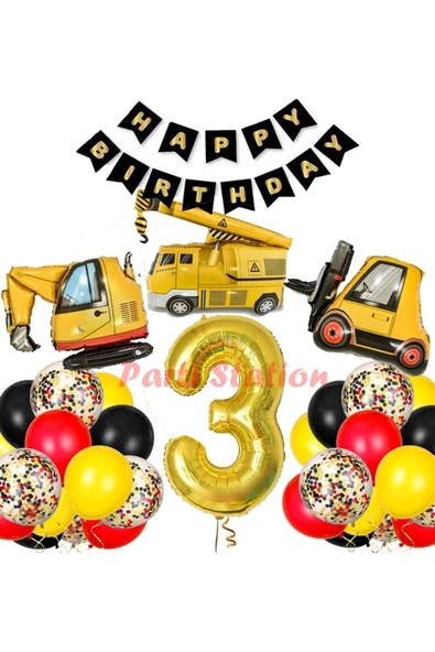 İş Makinaları İnşaat Parti 3 Yaş Balon Set Kepçe Balon Vinç Balon Kamyon Balon Doğum Günü Set ürün görseli 1